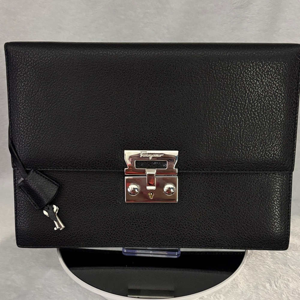 Salvatore Ferragamo Clutch Bag Leather Black Silver Auth 118801